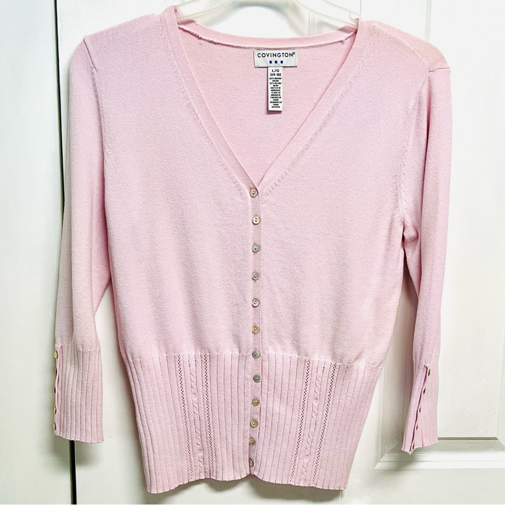Covington Soft Pink V-Neck Button-Front Sweater Size L